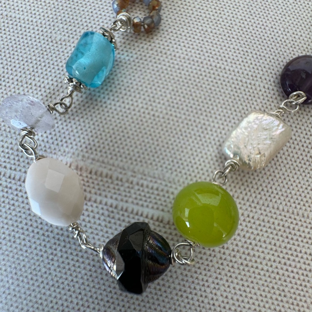 Multi Color And Shape Gemstone And Silver Necklace - image 2